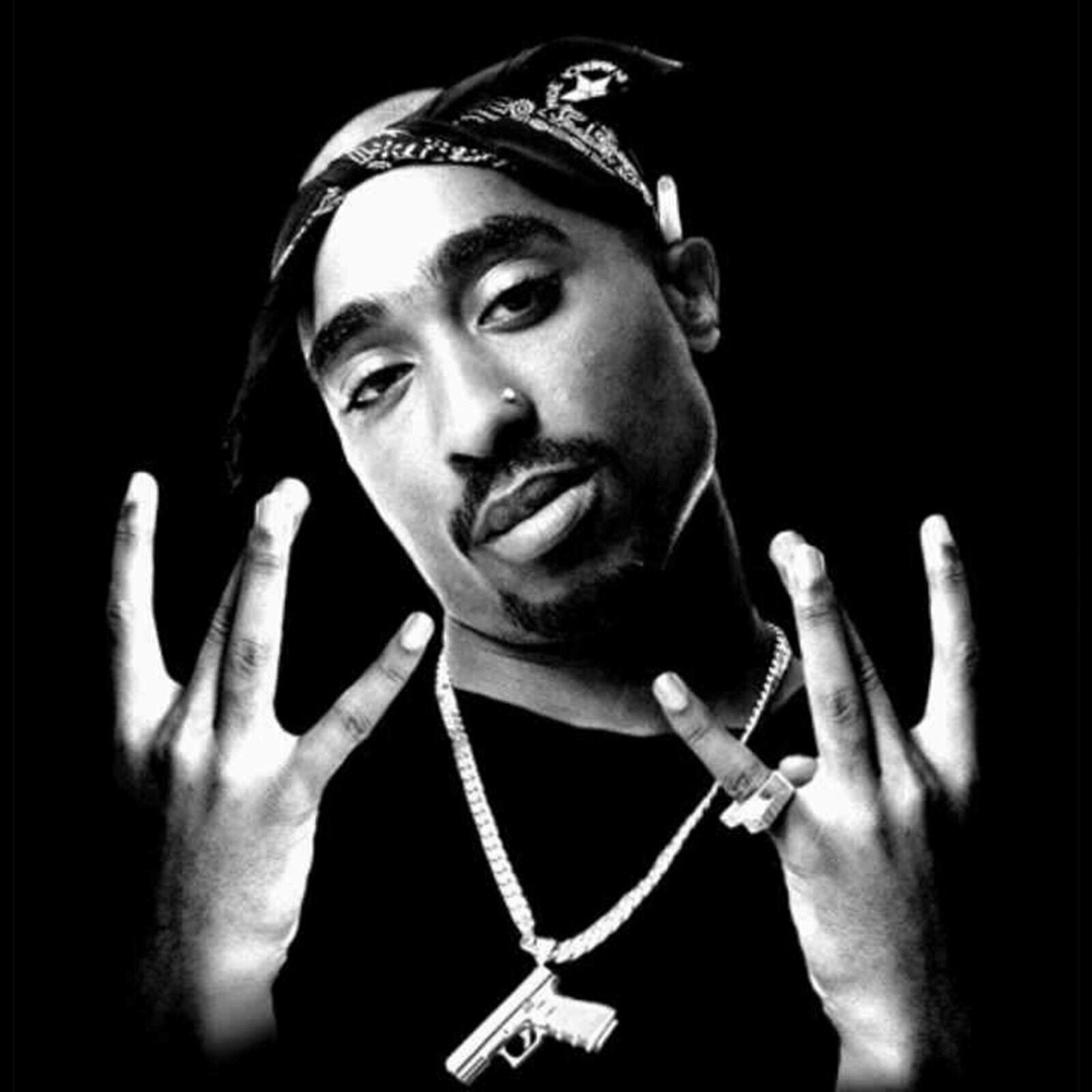 thumbnail interactive-video image 1 of Tupac Shakur Finger Art Poster - Bold Black & White Portrait, Great Music Wall Decor For Living Room Or Dorm 1 of 5