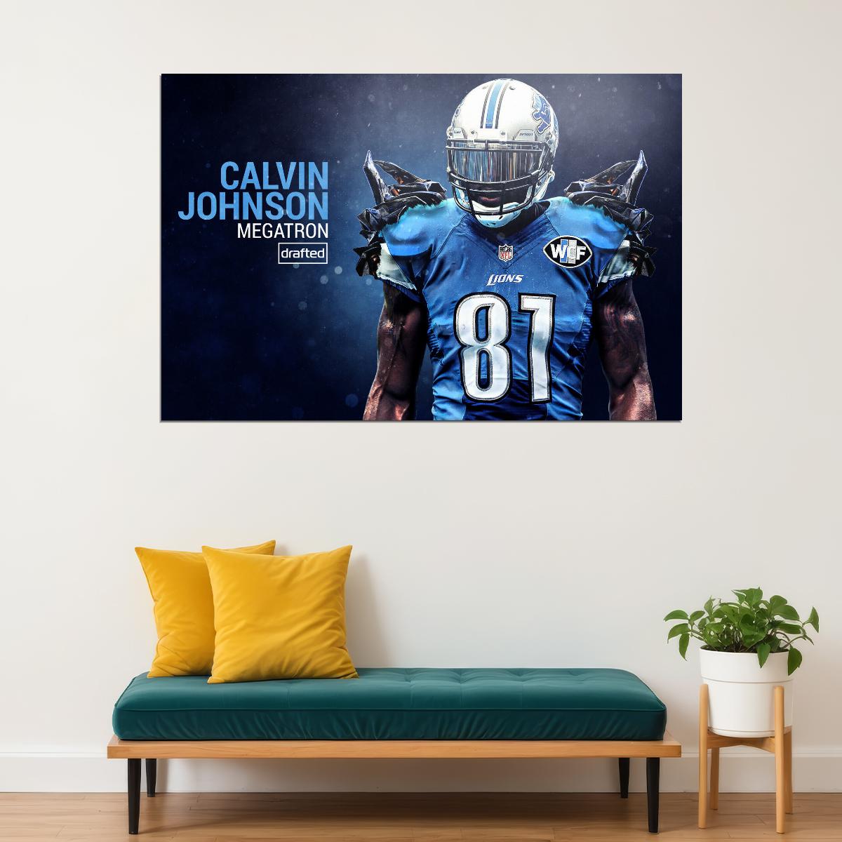 Calvin Johnson Football Poster Nfl Star Wall Art Detroit Lions Sports Print - xonomax