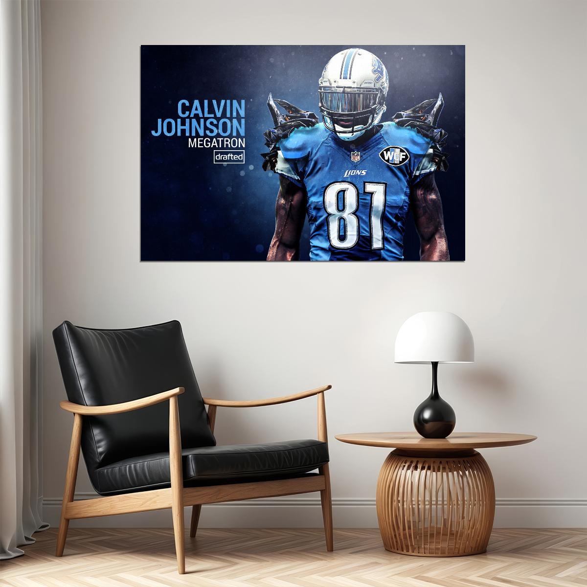 Calvin Johnson Football Poster Nfl Star Wall Art Detroit Lions Sports Print - xonomax