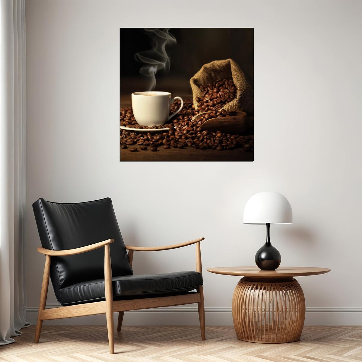 Coffee Cup & Beans Poster Kitchen Wall Art Culinary Decor Print