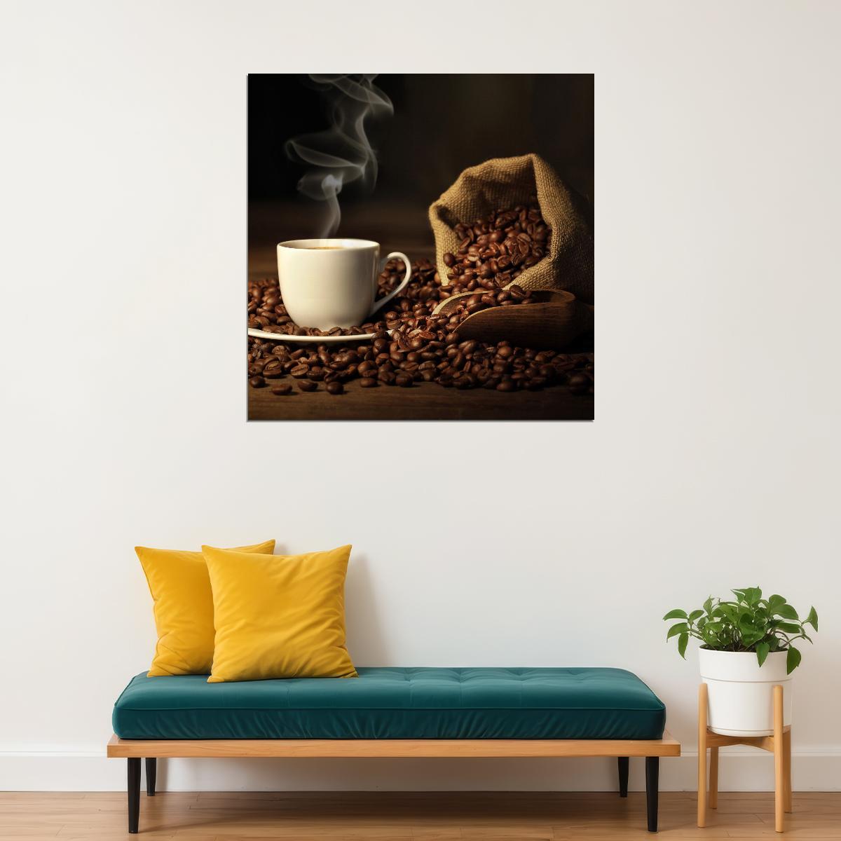 Coffee Cup & Beans Poster Kitchen Wall Art Culinary Decor Print