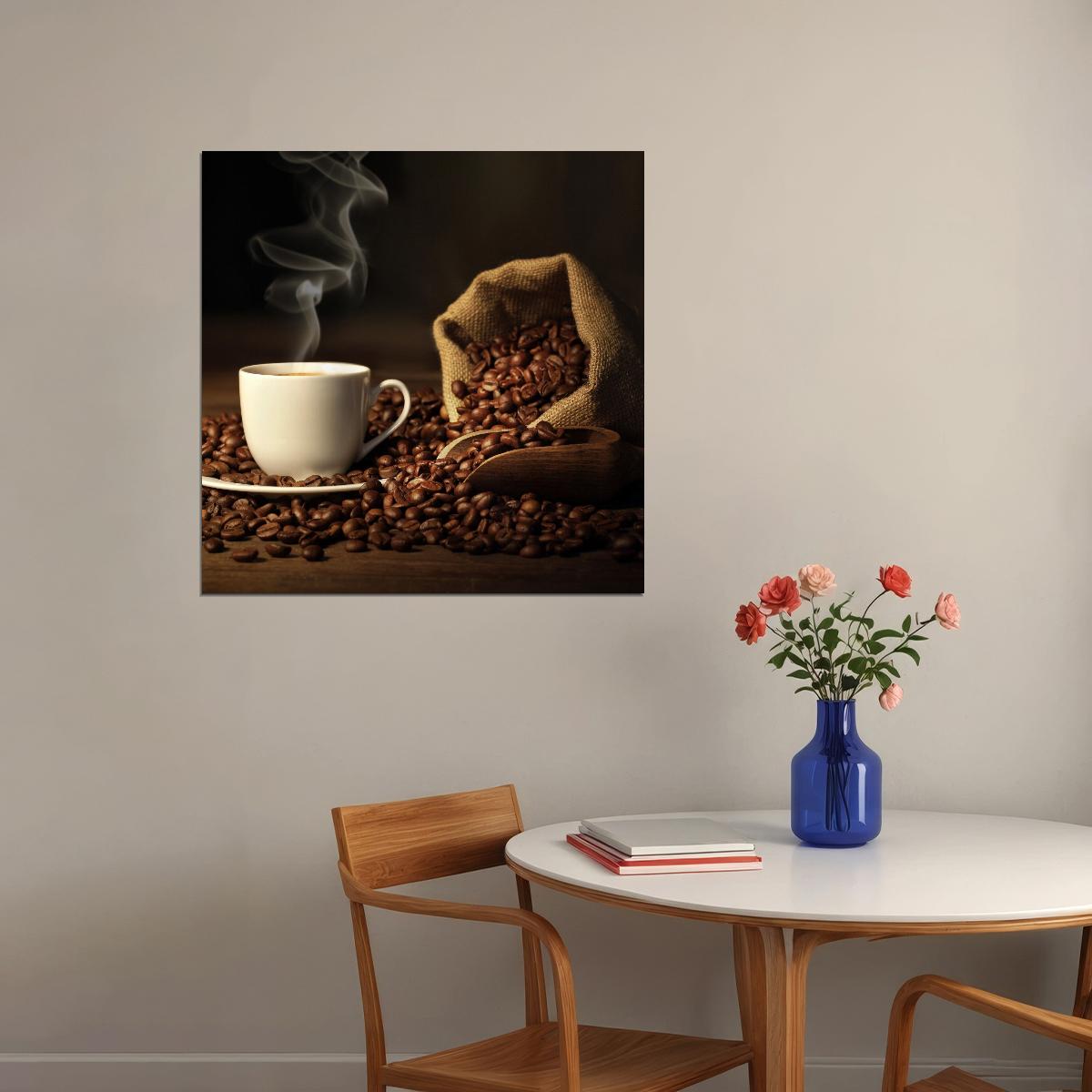 Coffee Cup & Beans Poster Kitchen Wall Art Culinary Decor Print