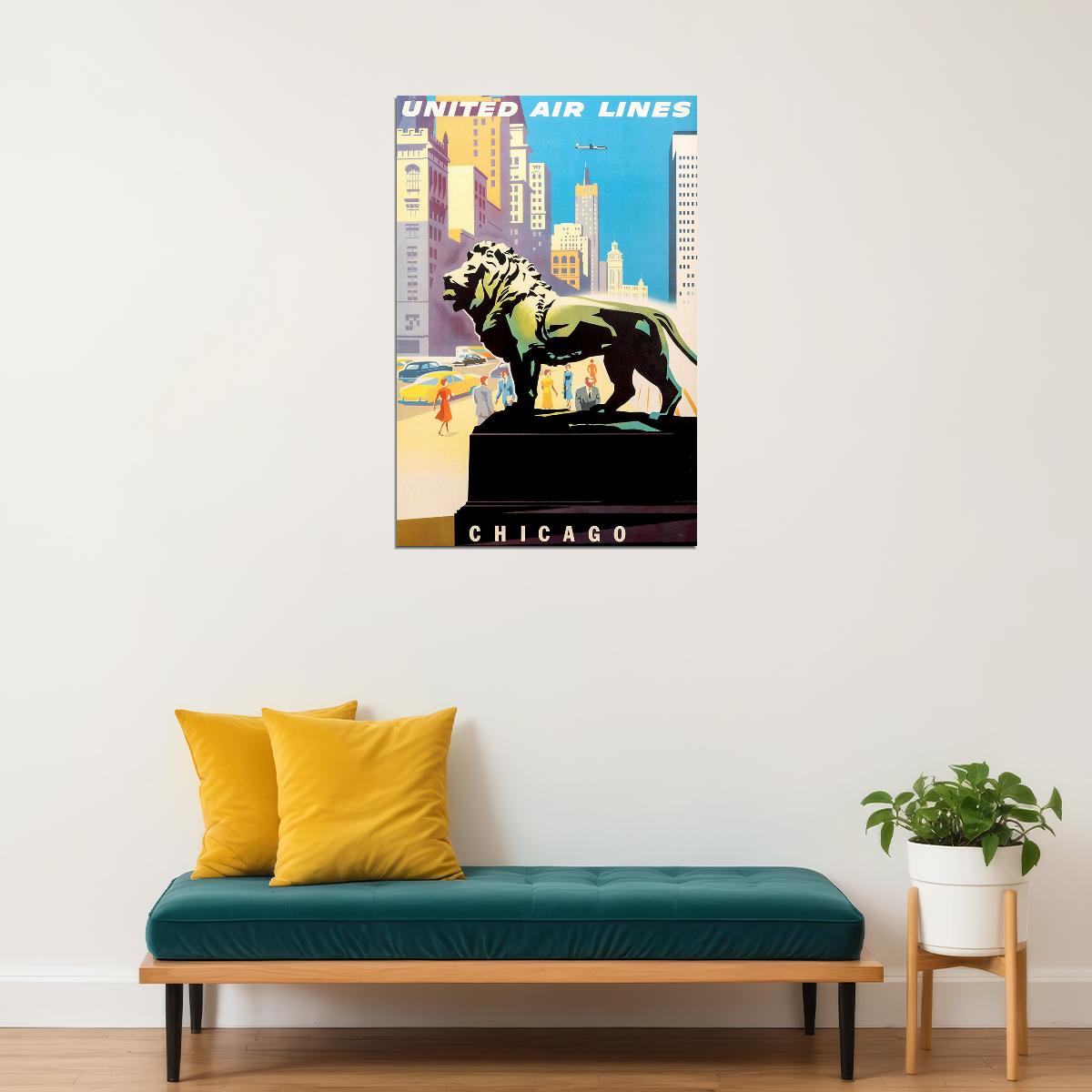 United Airlines Chicago Vintage Travel Poster Wall Art Print Home Wall Decor