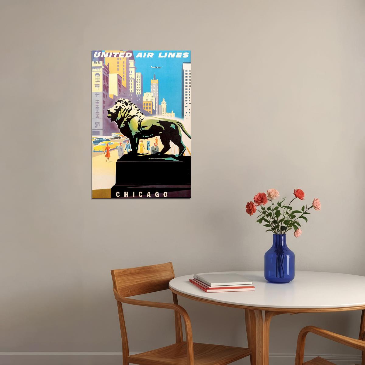 United Airlines Chicago Vintage Travel Poster Wall Art Print Home Wall Decor