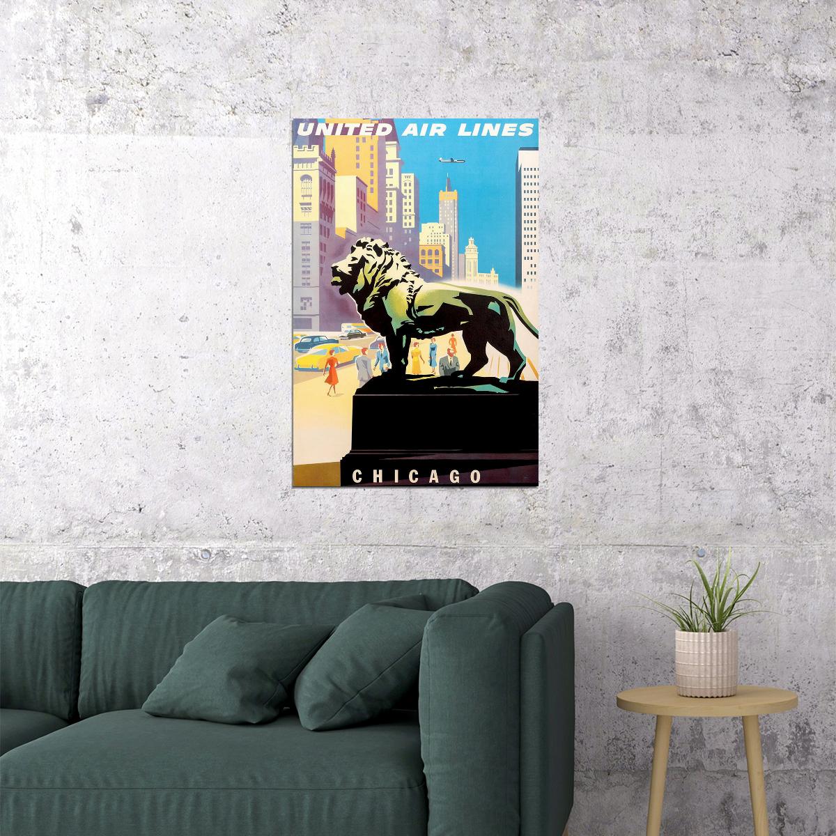 United Airlines Chicago Vintage Travel Poster Wall Art Print Home Wall Decor