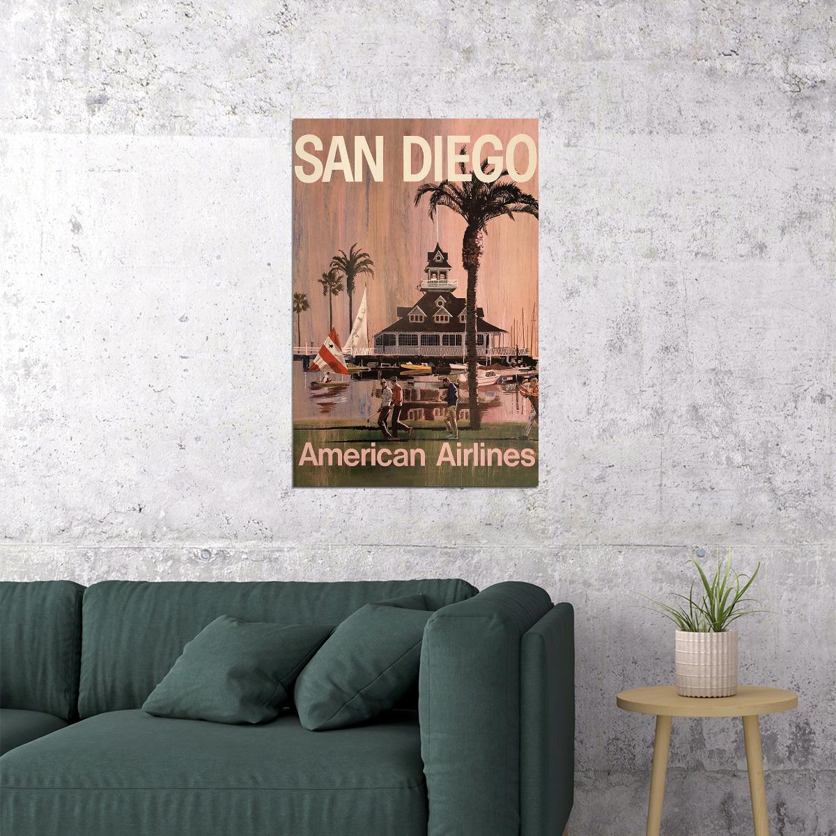 American Airlines San Diego Vintage Travel Poster Wall Art Print Home Wall Decor