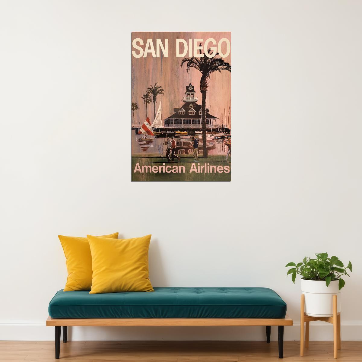 American Airlines San Diego Vintage Travel Poster Wall Art Print Home Wall Decor