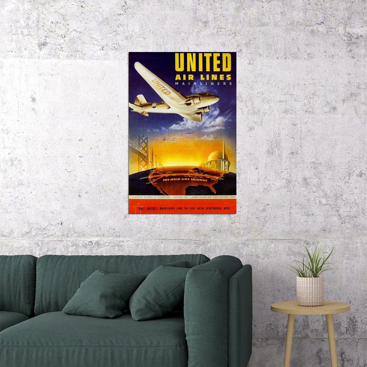 United Airlines Mainliners Vintage Poster Wall Art Print Home Wall Decor