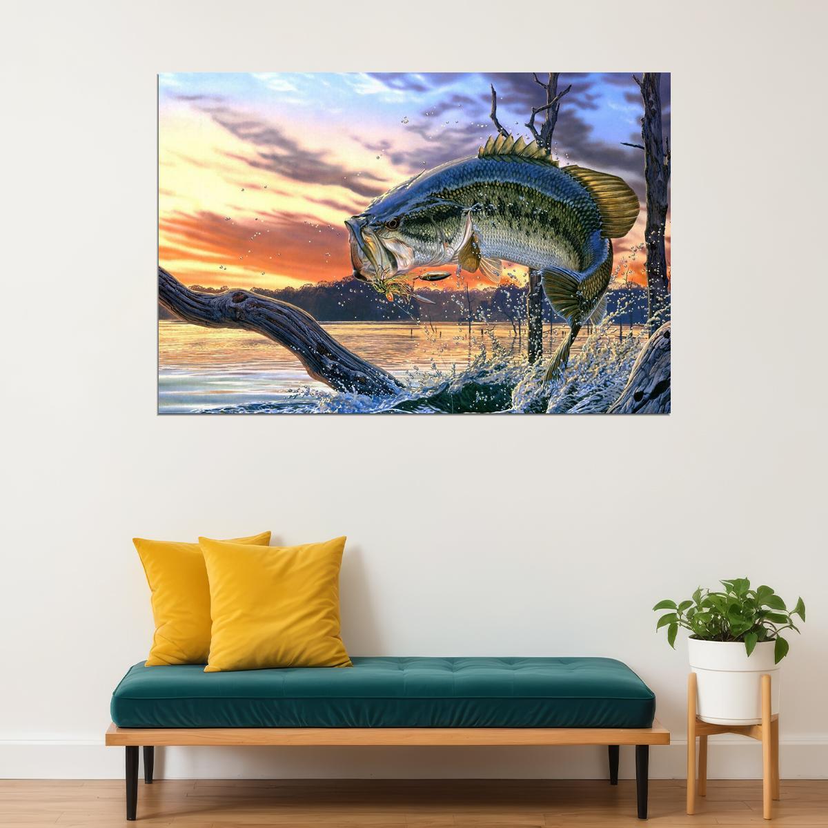 Bass Fishing Lake Sunset Submarine Creatures Poster Wall Art Print Home Wall Decor