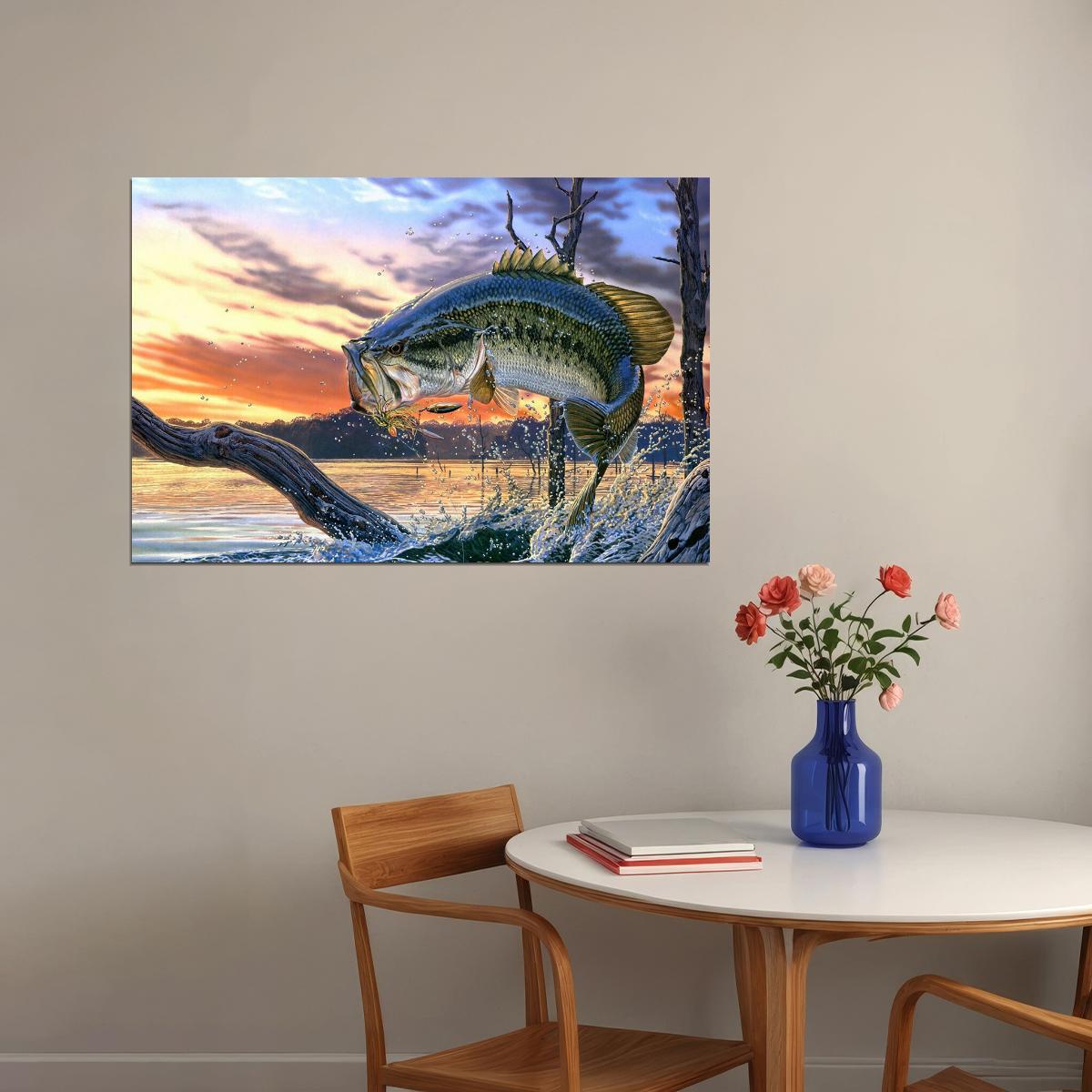 Bass Fishing Lake Sunset Submarine Creatures Poster Wall Art Print Home Wall Decor