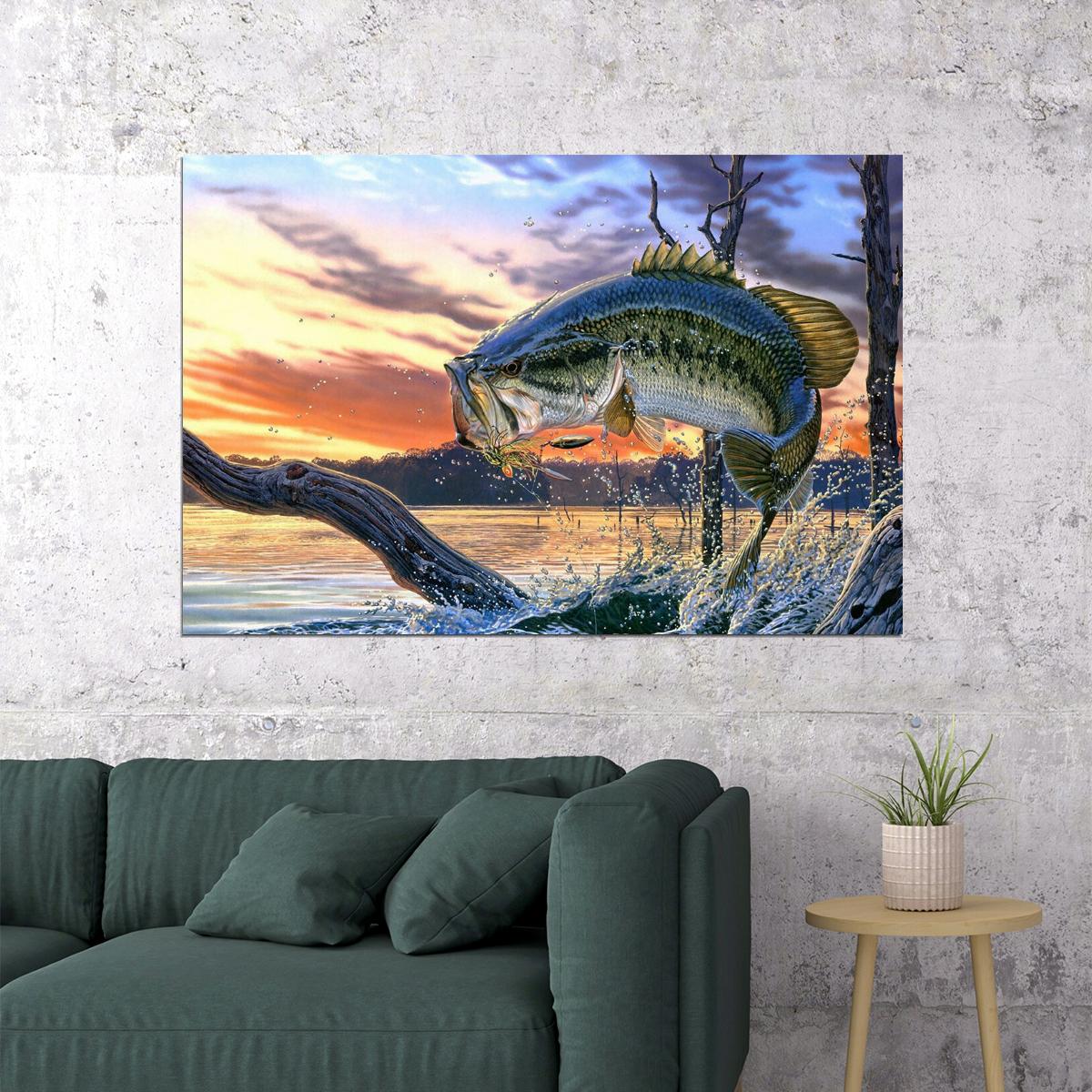Bass Fishing Lake Sunset Submarine Creatures Poster Wall Art Print Home Wall Decor