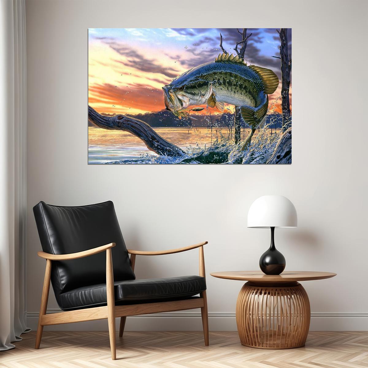Bass Fishing Lake Sunset Submarine Creatures Poster Wall Art Print Home Wall Decor