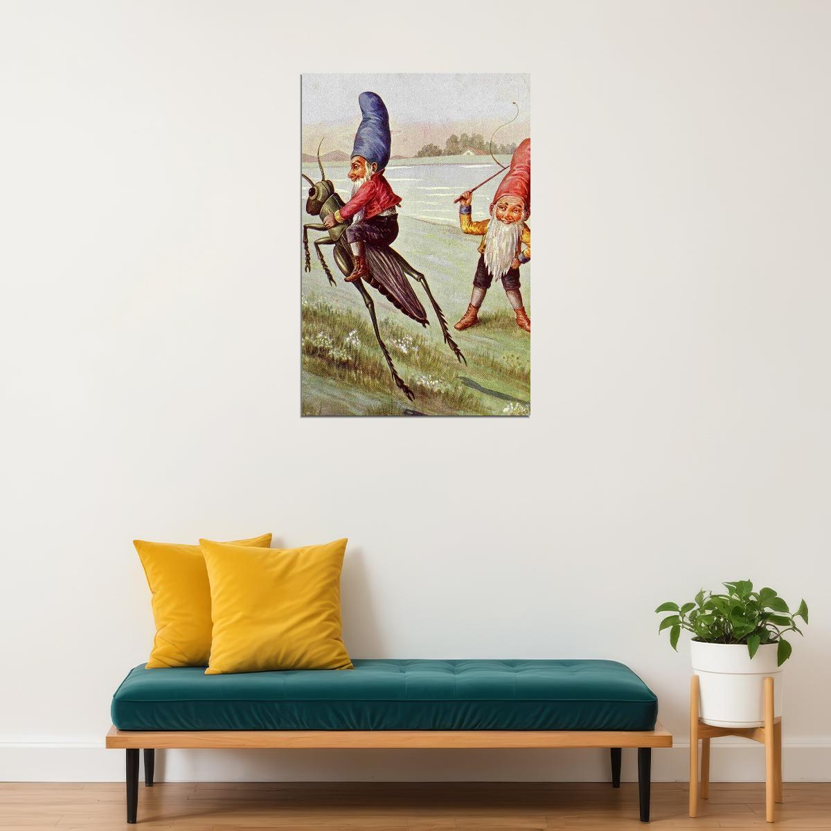 Elves On A Grasshopper Painting Fantasy Bugs Poster Wall Art Print Home Wall Decor - xonomax