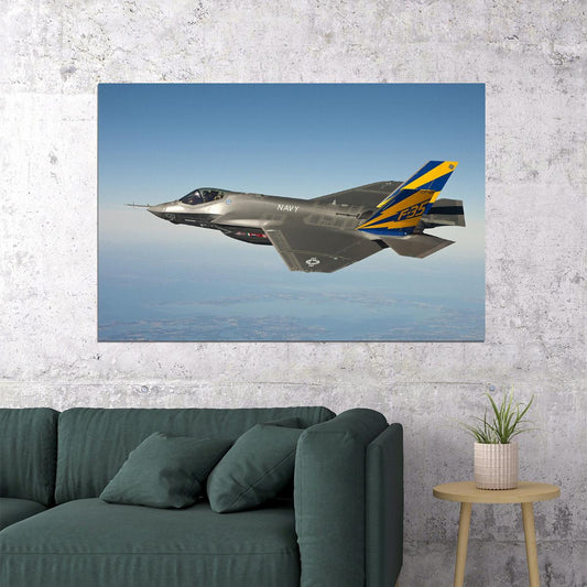 Gray Blue And Yellow Navy F 35 Fighter Jet Flying In The Sky Poster Wall Art Print Home Wall Decor - xonomax