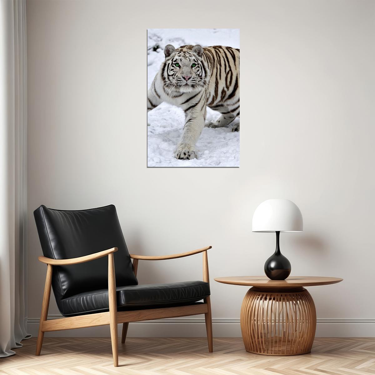 Siberian Tiger With Green Eyes White Snow Poster Wall Art Print Home Wall Decor