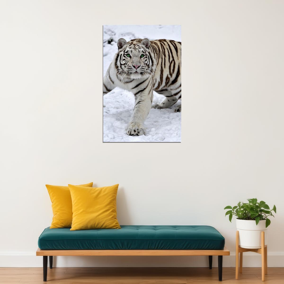 Siberian Tiger With Green Eyes White Snow Poster Wall Art Print Home Wall Decor