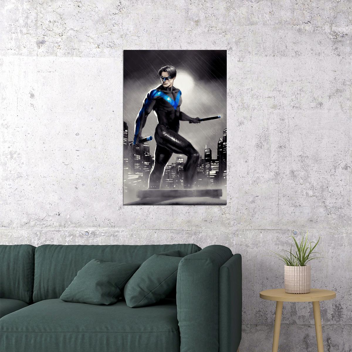 Nightwing In The Rain City Buildings Poster Wall Art Print Home Wall Decor