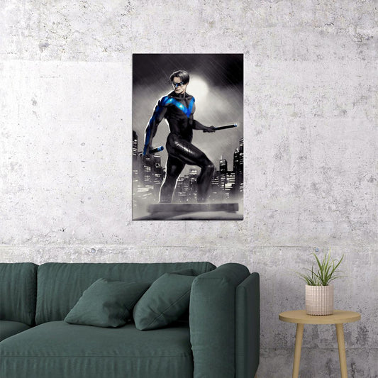 Nightwing In The Rain City Buildings Poster Wall Art Print Home Wall Decor - xonomax