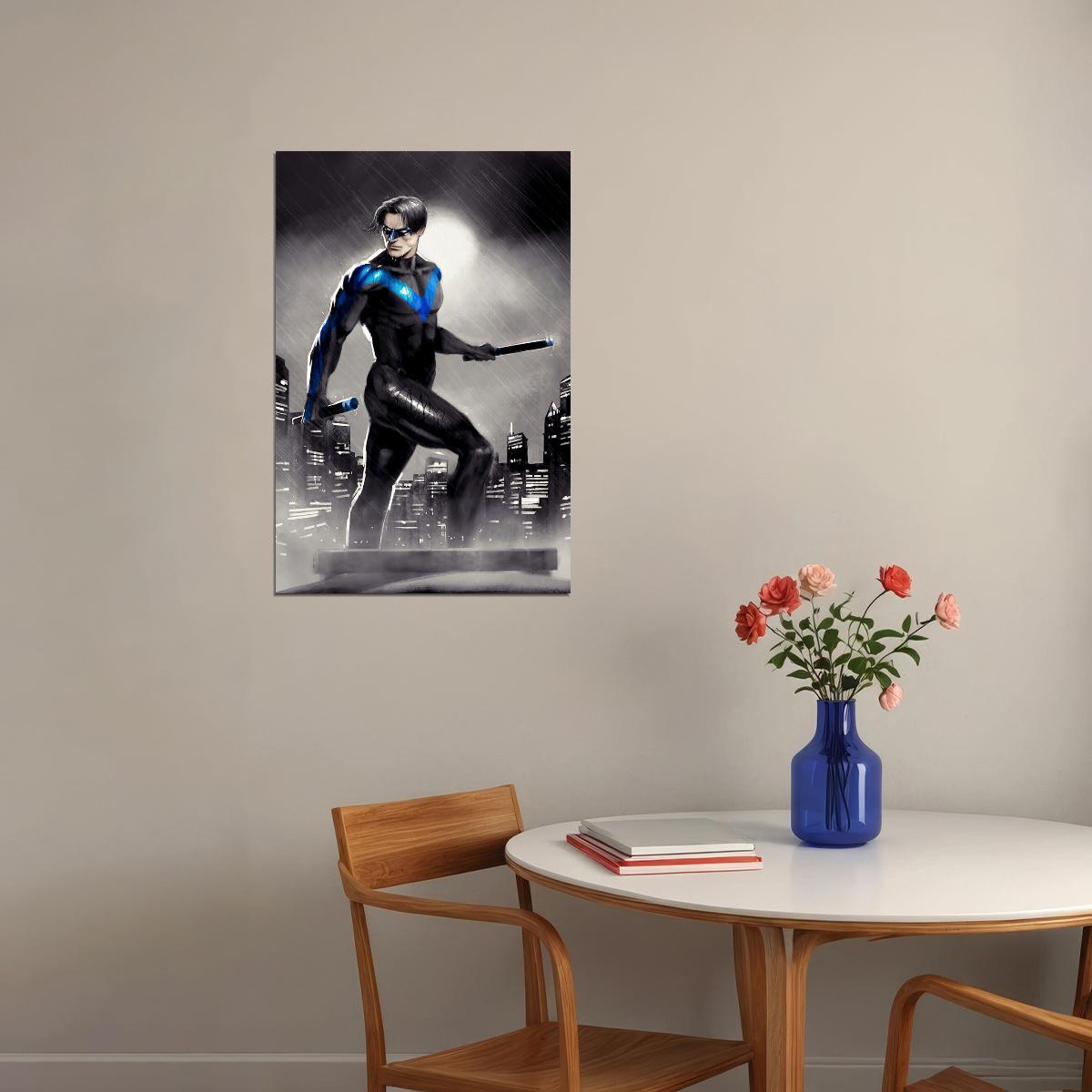 Nightwing In The Rain City Buildings Poster Wall Art Print Home Wall Decor