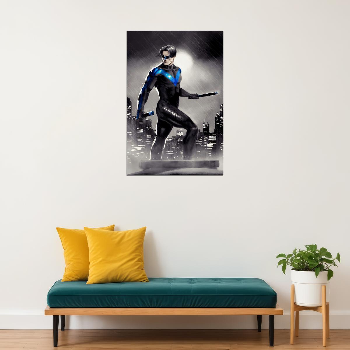 Nightwing In The Rain City Buildings Poster Wall Art Print Home Wall Decor