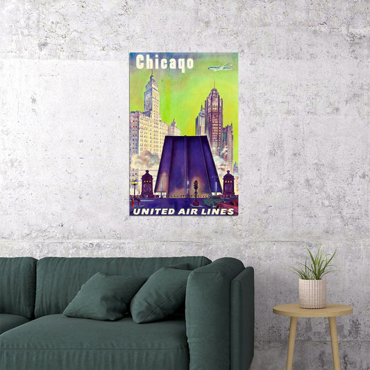 United Airlines Chicago Vintage Travel Poster Wall Art Print Home Wall Decor - xonomax