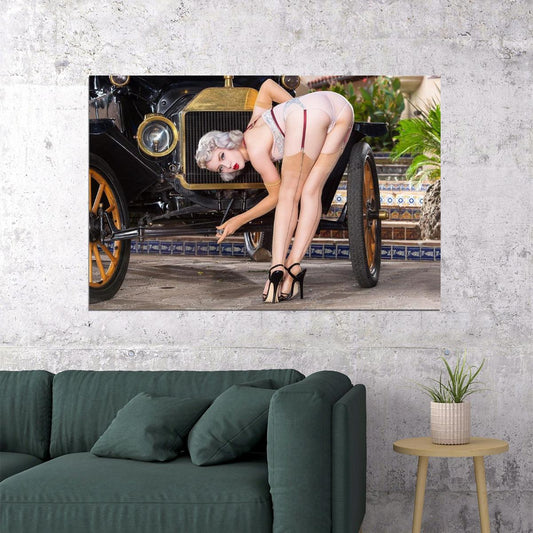 Blond Model Woman With Car Hot Girl Classic Poster Wall Art Print Home Wall Decor - xonomax