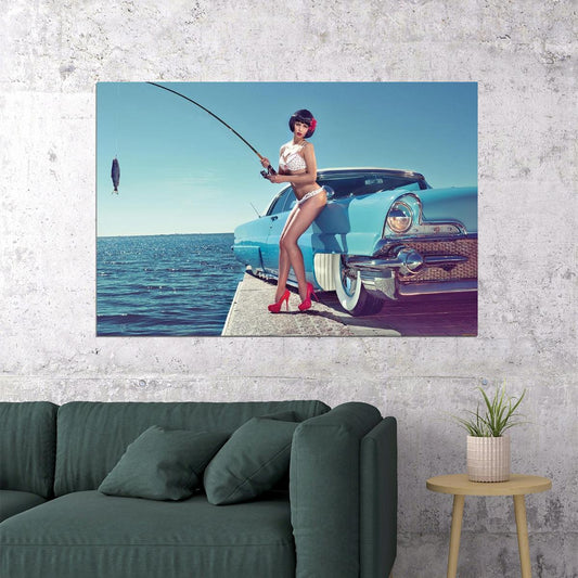 Hot Girl Fishing Retro Classic Car Auto Beauty Woman Poster Wall Art Print Home Wall Decor - xonomax