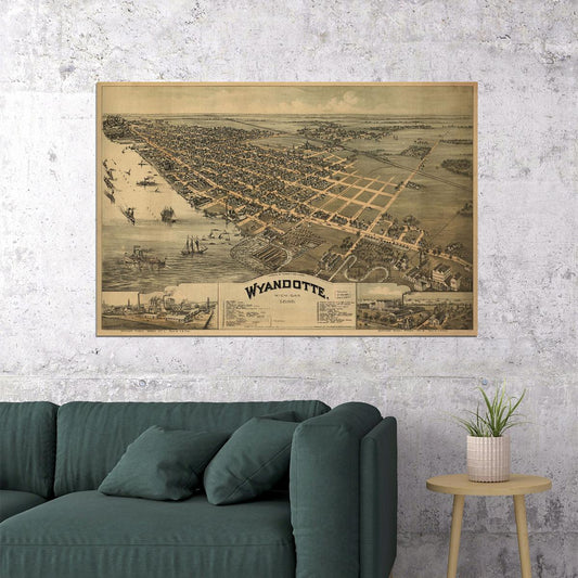 1896 Wyandotte Michigan Vintage Old Panoramic City Map Poster Wall Art Print Home Wall Decor - xonomax