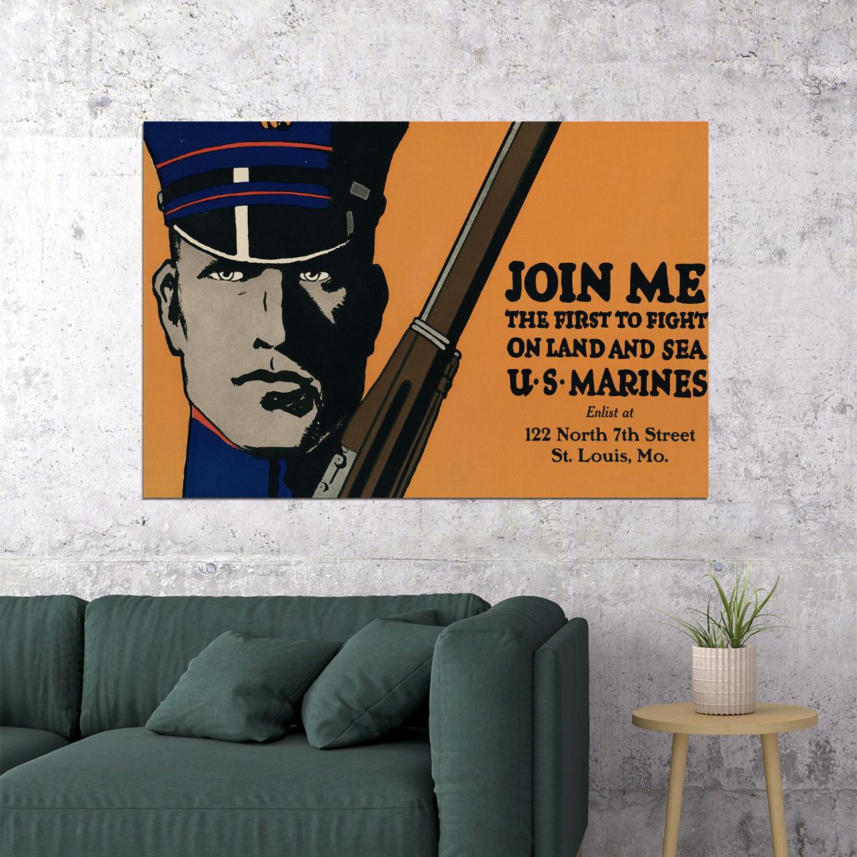 Join Me! Us Marines On Land And Sea! 1914 Wwi Recruiting Poster Wall Art Print Home Wall Decor