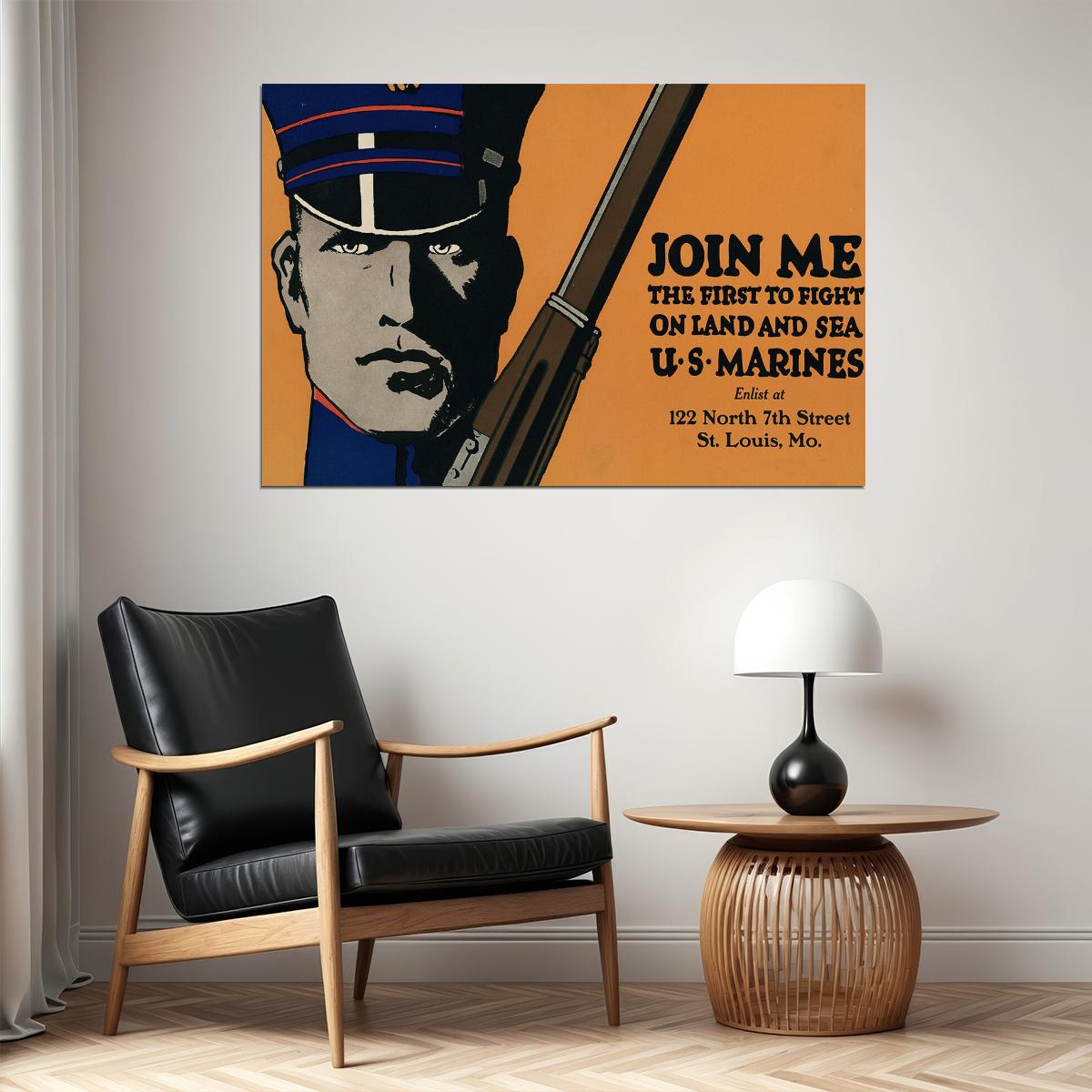 Join Me! Us Marines On Land And Sea! 1914 Wwi Recruiting Poster Wall Art Print Home Wall Decor