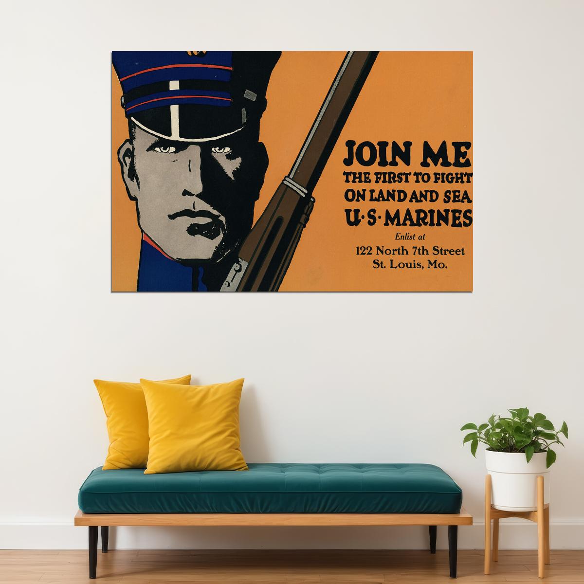 Join Me! Us Marines On Land And Sea! 1914 Wwi Recruiting Poster Wall Art Print Home Wall Decor