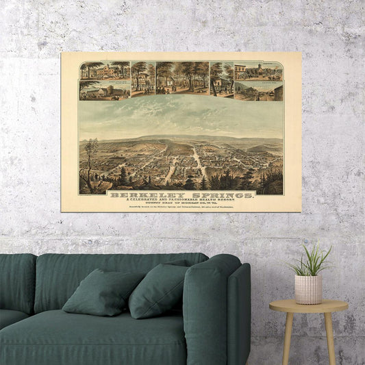 Bird's Eye View 1889 Berkeley Springs West Virginia Map Poster Wall Art Print Home Wall Decor - xonomax