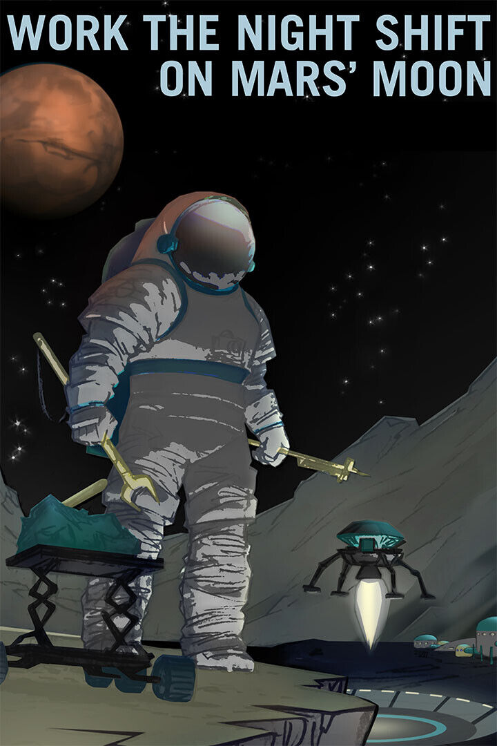 Retro Space Exploration Work The Night Shift On Mars' Moon Poster Wall Art Print Home Wall Decor