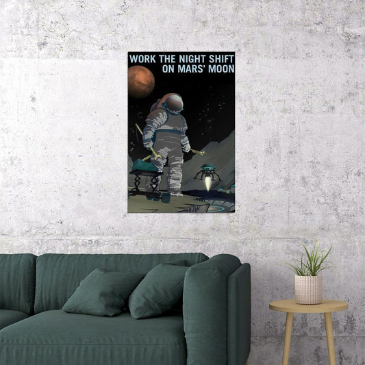 Retro Space Exploration Work The Night Shift On Mars' Moon Poster Wall Art Print Home Wall Decor - xonomax