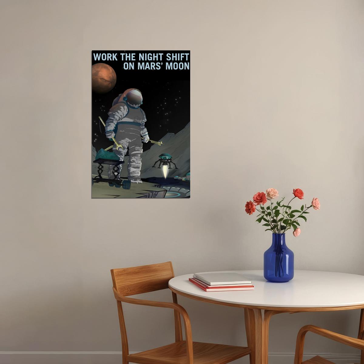 Retro Space Exploration Work The Night Shift On Mars' Moon Poster Wall Art Print Home Wall Decor