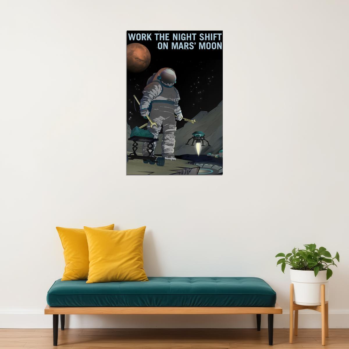 Retro Space Exploration Work The Night Shift On Mars' Moon Poster Wall Art Print Home Wall Decor