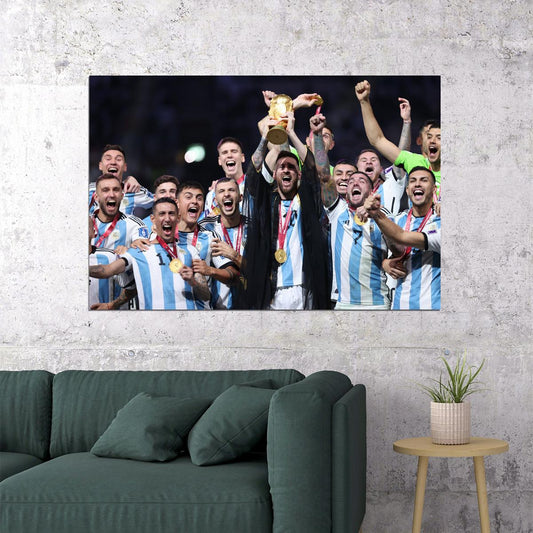 Argentina Team Soccer Champions 2022 Leo Messi Raising Trophy Poster Wall Art Print Home Wall Decor - xonomax
