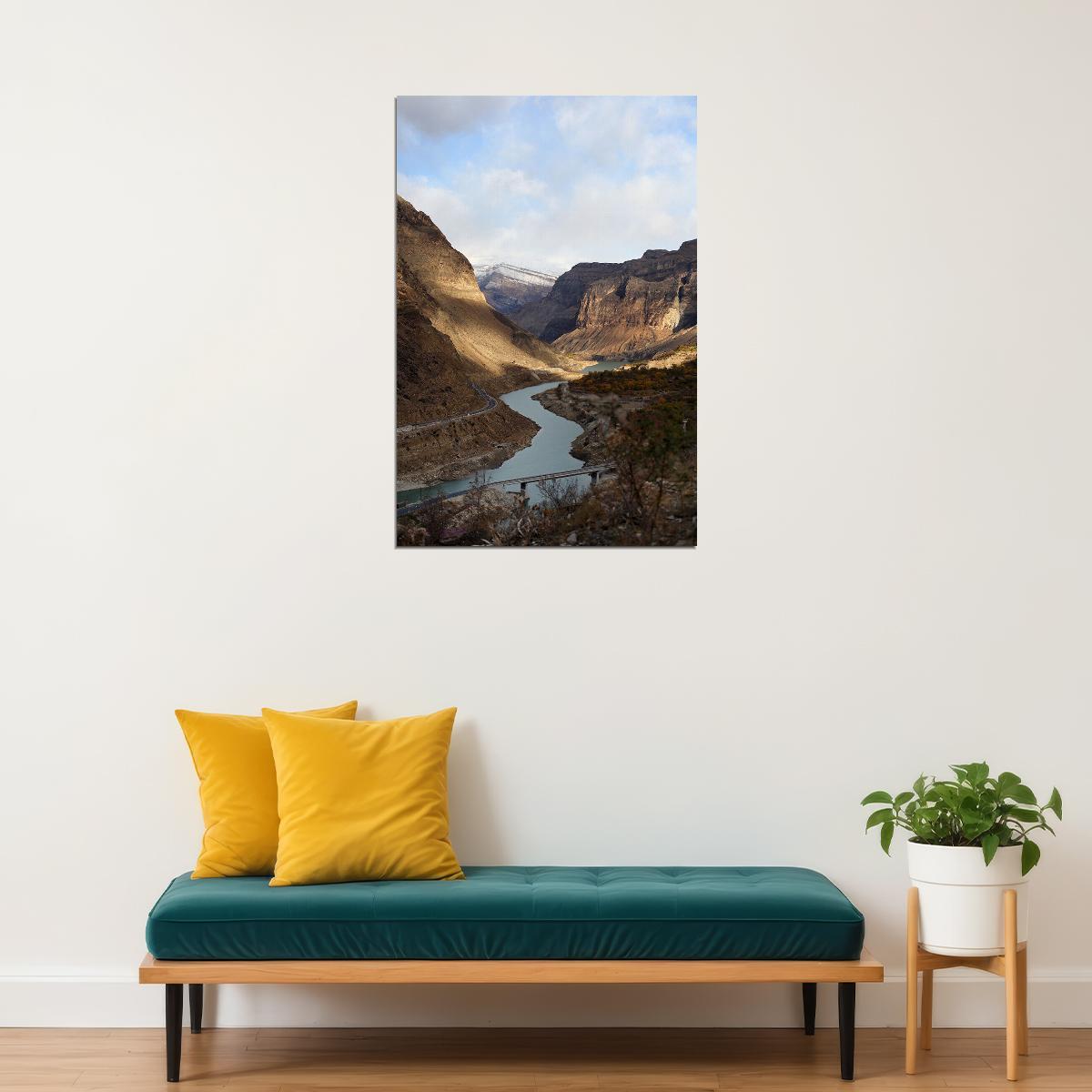 Brown Mountain Beside River Cloudy Sky Poster Wall Art Print Home Wall Decor - xonomax