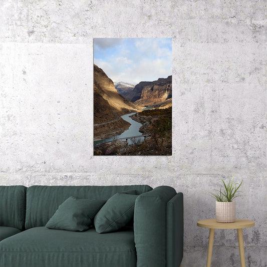 Brown Mountain Beside River Cloudy Sky Poster Wall Art Print Home Wall Decor - xonomax