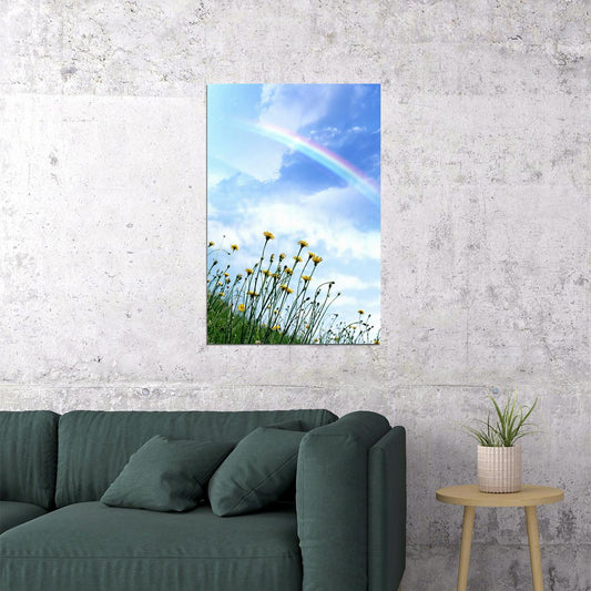 Clear Sky Rainbow Field Of Flowers Poster Wall Art Print Home Wall Decor - xonomax