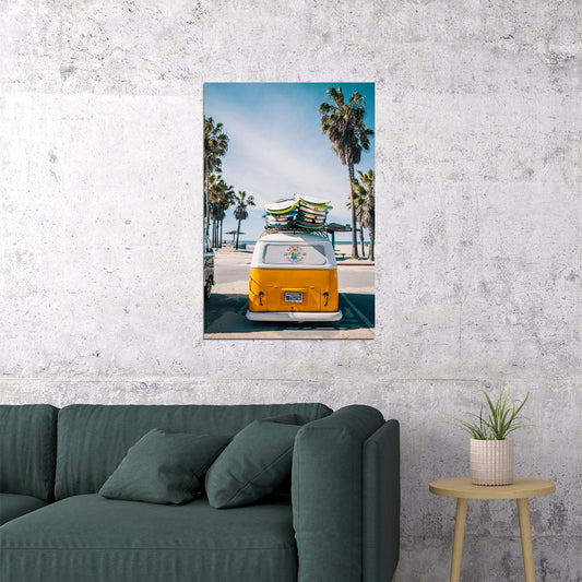 California Beach Van Ocean Palm Trees Surfboards Poster Wall Art Print Home Wall Decor - xonomax