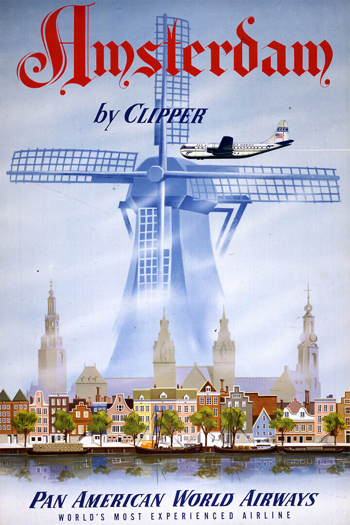 Pan American Airlines Amsterdam Travel Poster Wall Art Print Home Wall Decor - xonomax