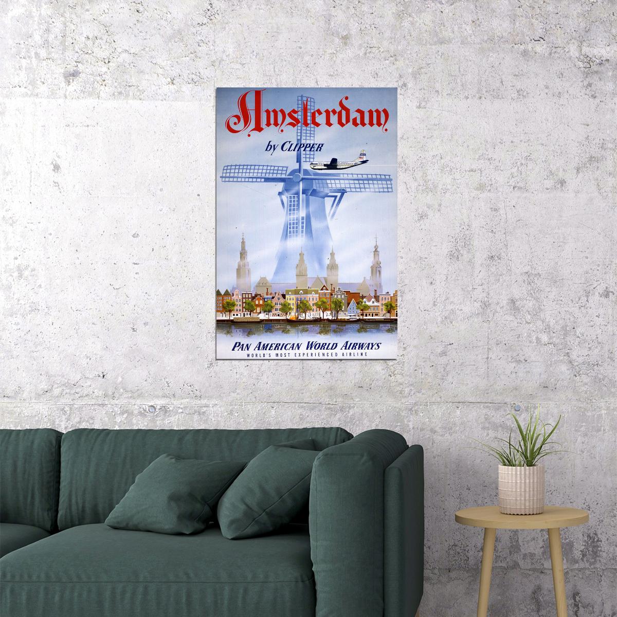 Pan American Airlines Amsterdam Travel Poster Wall Art Print Home Wall Decor - xonomax
