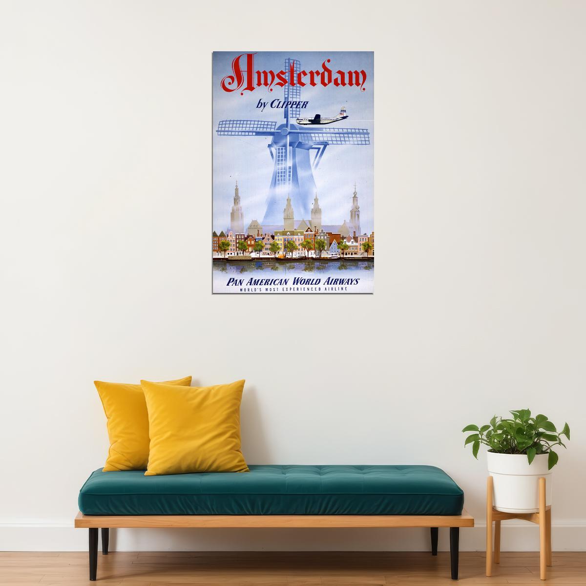 Pan American Airlines Amsterdam Travel Poster Wall Art Print Home Wall Decor - xonomax