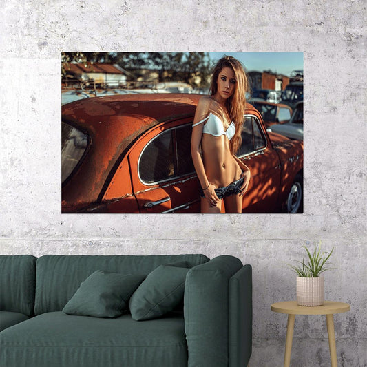 Model Woman Retro Car Cute Aesthetic Beautiful Girl Poster Wall Art Print Home Wall Decor - xonomax