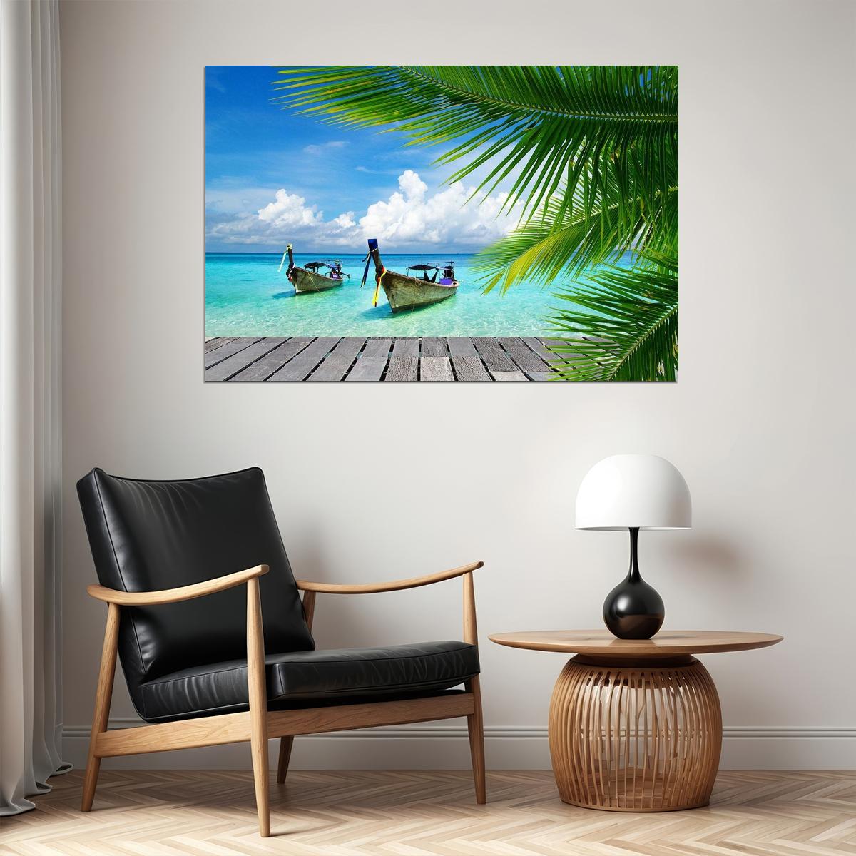 Summer Beach Palm Tree Boat Seascape Landspace Poster Wall Art Print Home Wall Decor - xonomax