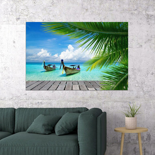 Summer Beach Palm Tree Boat Seascape Landspace Poster Wall Art Print Home Wall Decor - xonomax