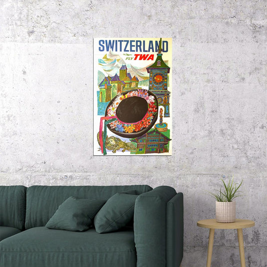 Switzerland Fly Twa Airline Travel Vintage Poster Wall Art Print Home Wall Decor - xonomax