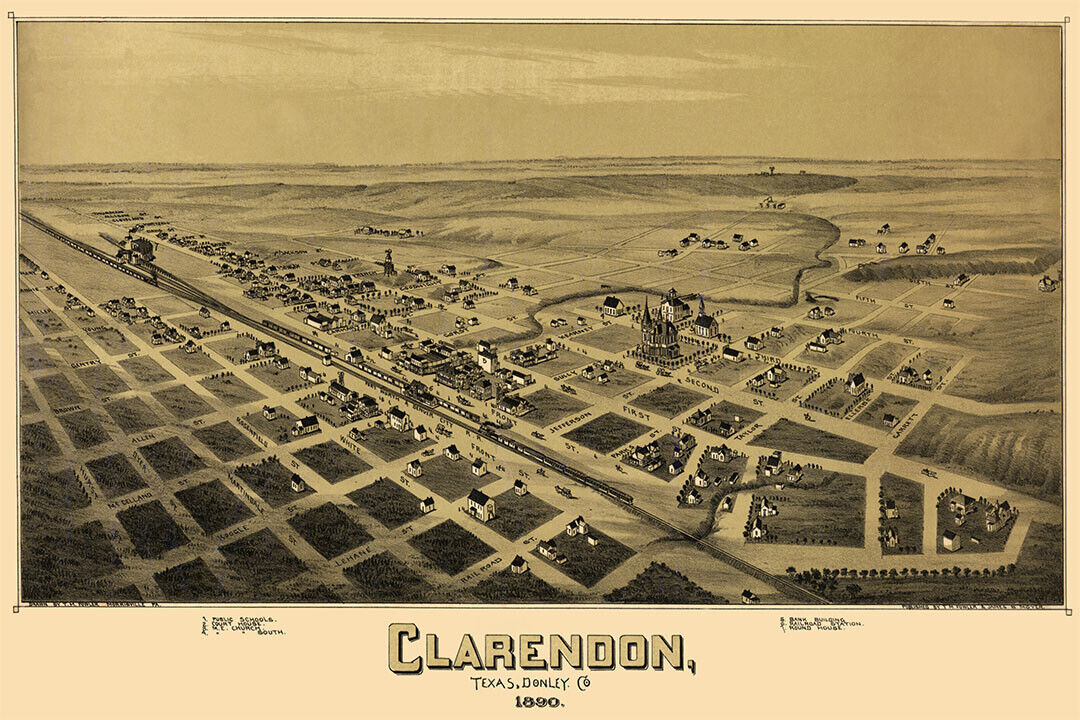 Clarendon Texas 1890 Historic Panoramic Town Map Poster Wall Art Print Home Wall Decor