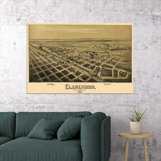 Clarendon Texas 1890 Historic Panoramic Town Map Poster Wall Art Print Home Wall Decor - xonomax